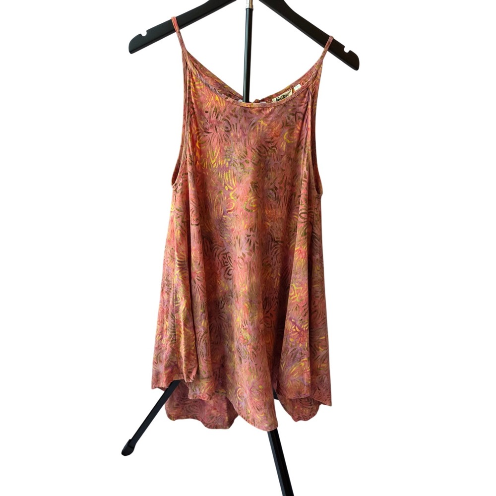 Go Fish Women Pink Batik Floral Swing Tank Top Tie Back Sleeveless Boho Resort M